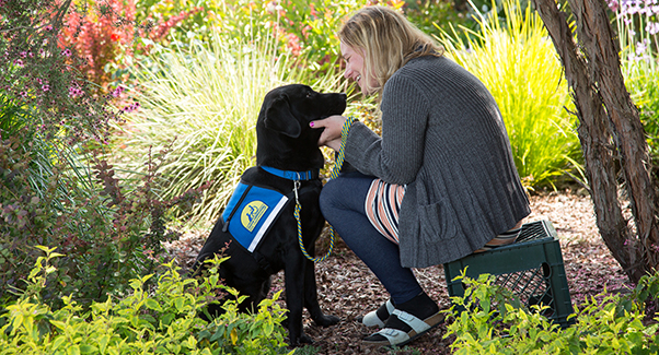 person sitting with Canine Companions service dog