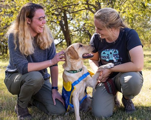 juniorambassadorboard1 two young volunteers next to a yellow lab puppy in a yellow puppy vest