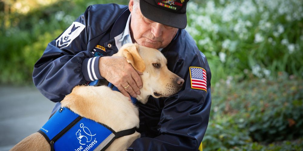Ron and Holiday Primary_edited websize Ron in Navy Seabee hat hugging service dog Holiday