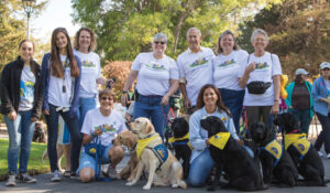 group of volunteers pose for a photo with assistance dogs