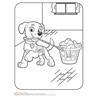 coloring book page with a puppy tugging on a basket